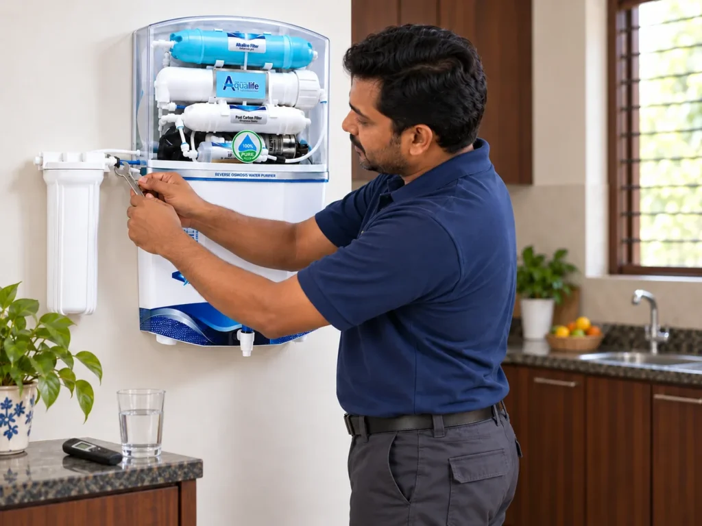 AquaLife technician installing an RO water filter on a kitchen wall
